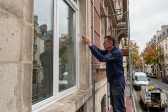 Poseur de fenêtres professionnel en train d'installer une fenêtre double vitrage sur une façade en Seine-Saint-Denis