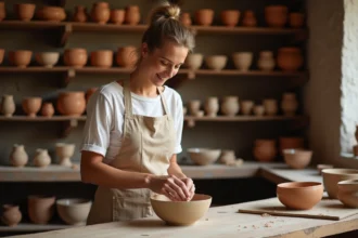 Femme potière façonnant une coupe en argile dans son atelier