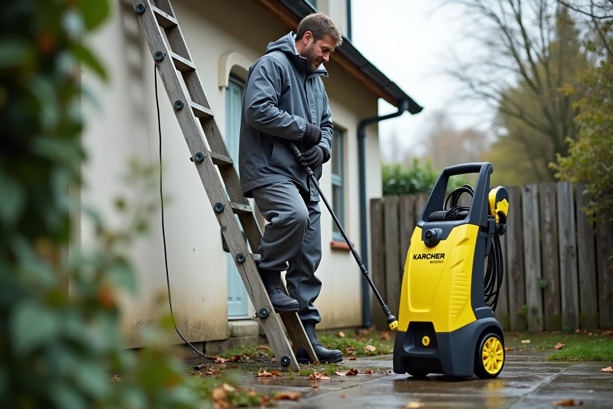 Particulier préparant un nettoyeur haute pression Karcher au pied d'une échelle pour nettoyer la toiture de sa maison en autonomie