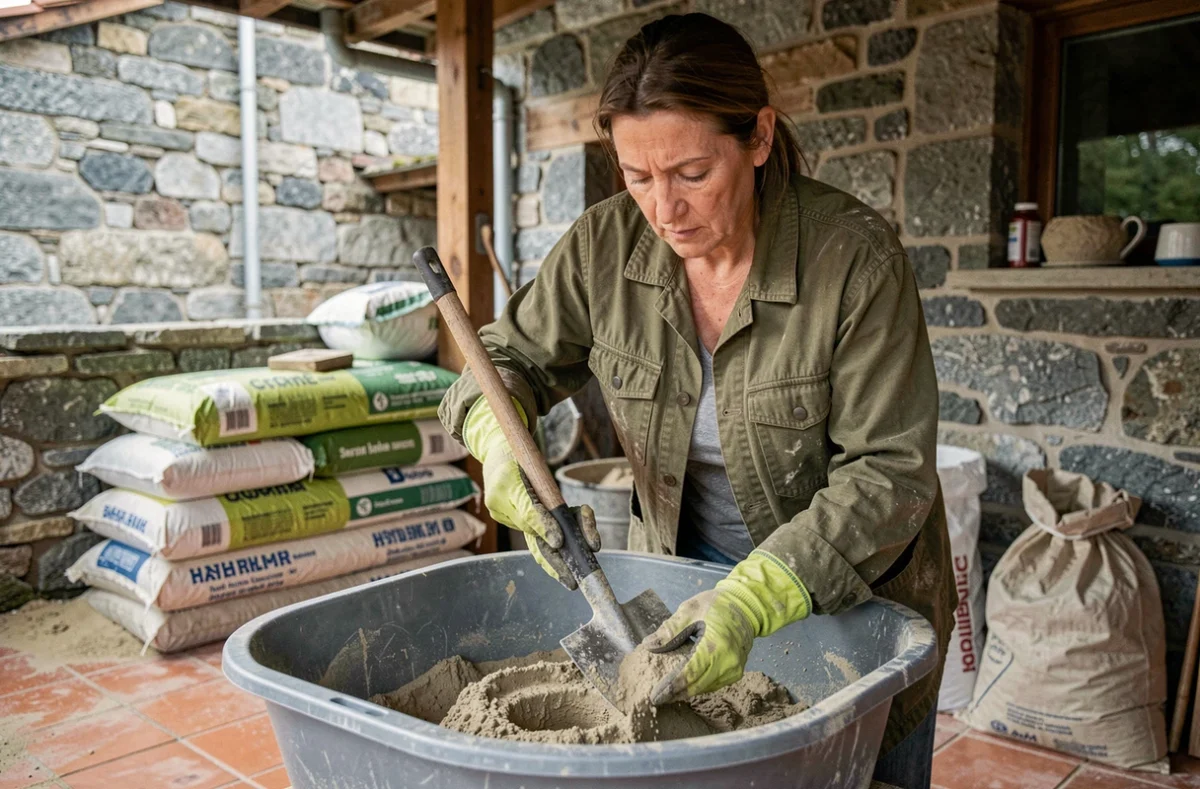 Femme maçonne mélangeant un mortier chaux sable adapté à un mur en granite dans une ferme ancienne
