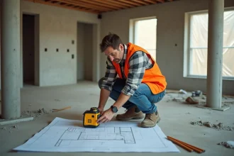 Professionnel du bâtiment mesurant une surface avec un télémètre laser dans un chantier de construction
