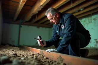 Un professionnel agréé inspecte une poutre en bois endommagée par des mites du bois dans un sous-sol