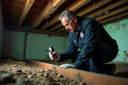 Un professionnel agréé inspecte une poutre en bois endommagée par des mites du bois dans un sous-sol