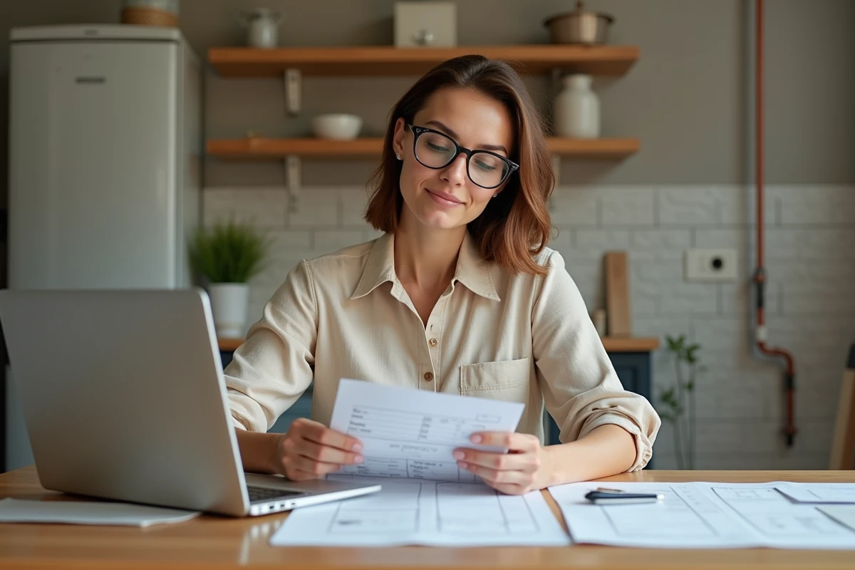 Propriétaire féminine analysant un devis de rénovation sur ordinateur dans une cuisine en travaux