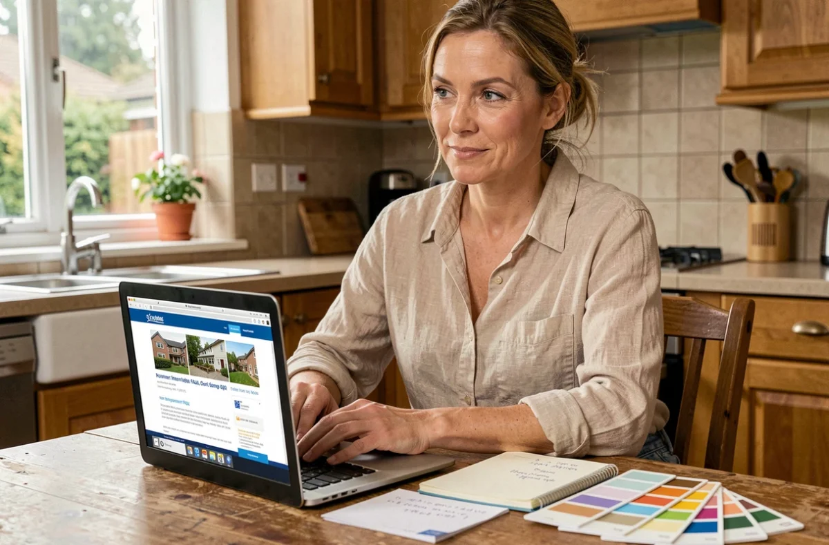 Femme propriétaire planifiant des travaux de rénovation à domicile avec un ordinateur portable et des échantillons de peinture
