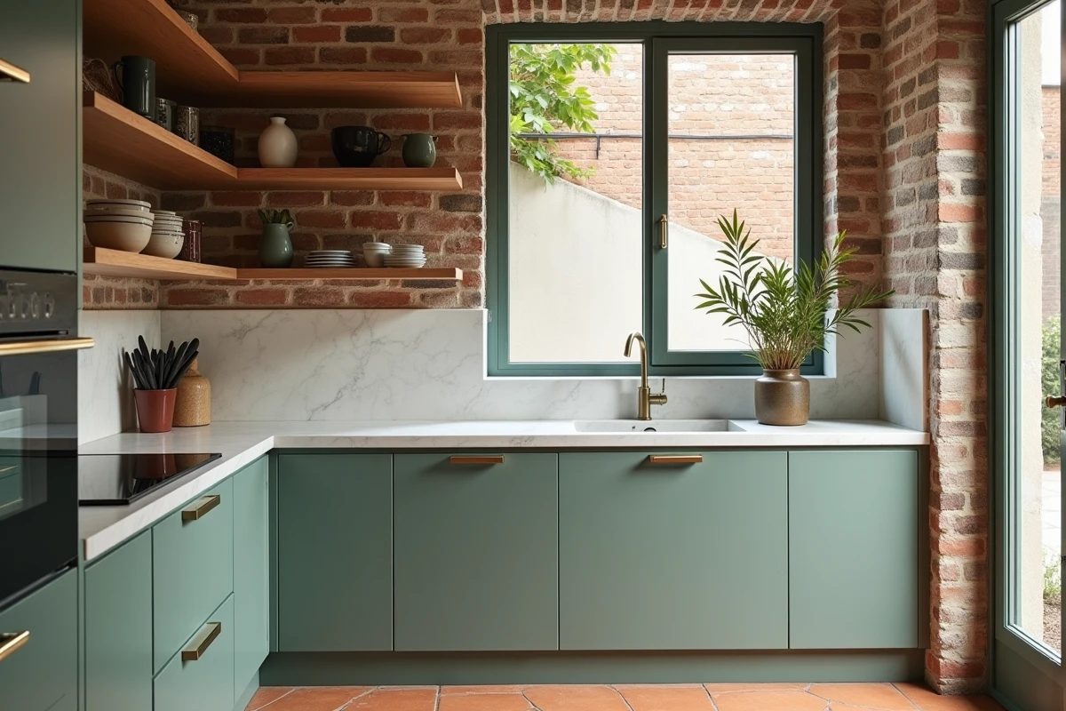 Cuisine rénovée avec meubles vert sauge et plan de travail en pierre frittée dans une maison de ville lilloise