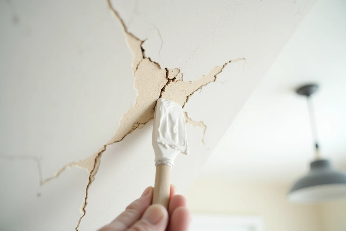Gros plan sur une fissure au plafond en cours de réparation avec de l'enduit