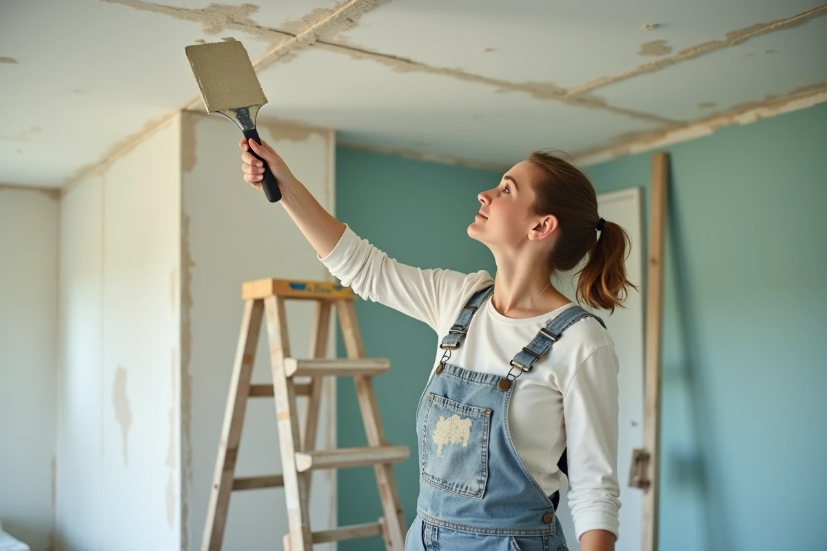 Une femme applique de l'enduit de rebouchage sur une fissure de plafond avec une spatule lors de travaux de rénovation intérieure