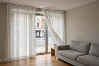 Rideau motorisé en lin blanc dans un salon moderne avec rail plafond et maison connectée
