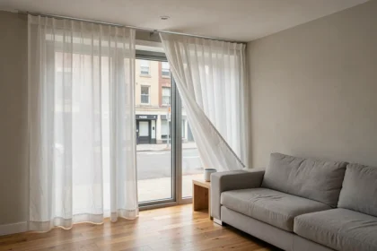 Rideau motorisé en lin blanc dans un salon moderne avec rail plafond et maison connectée