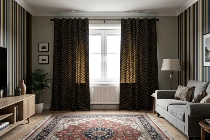 Rideau occultant à motif géométrique mal positionné dans un salon moderne, créant un déséquilibre décoratif visible