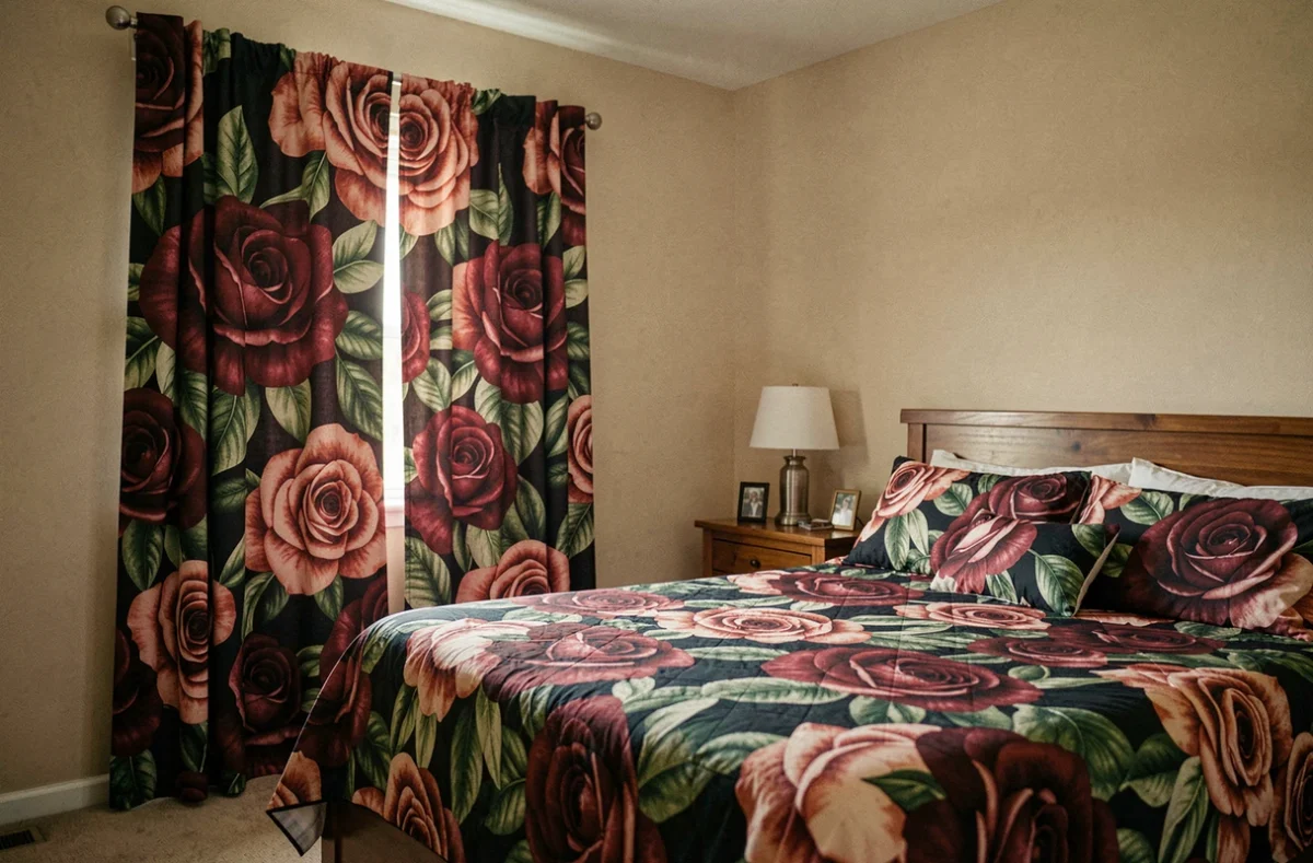 Rideaux occultants à motif floral surdimensionné dans une chambre, erreur déco due au mauvais choix d'échelle de motif