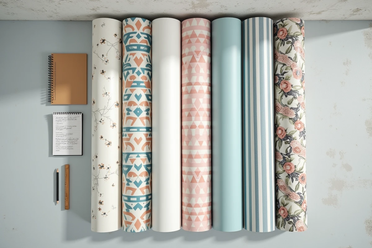 Vue aérienne de plusieurs rouleaux de papier peint à motifs différents avec un mètre et des calculs manuscrits pour estimer la quantité nécessaire