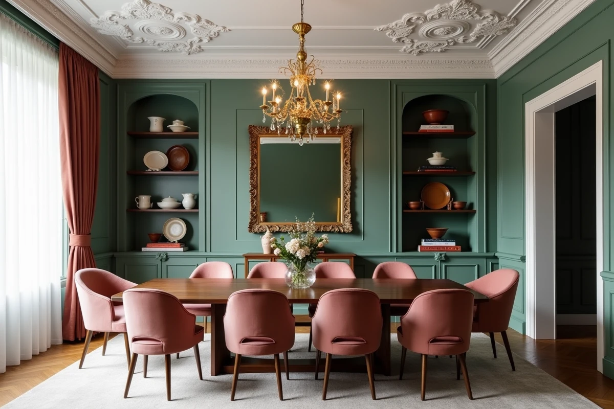 Salle à manger haussmannienne décorée avec table en noyer, chaises en velours rose poudré et lustre en laiton sous de hauts plafonds moulurés