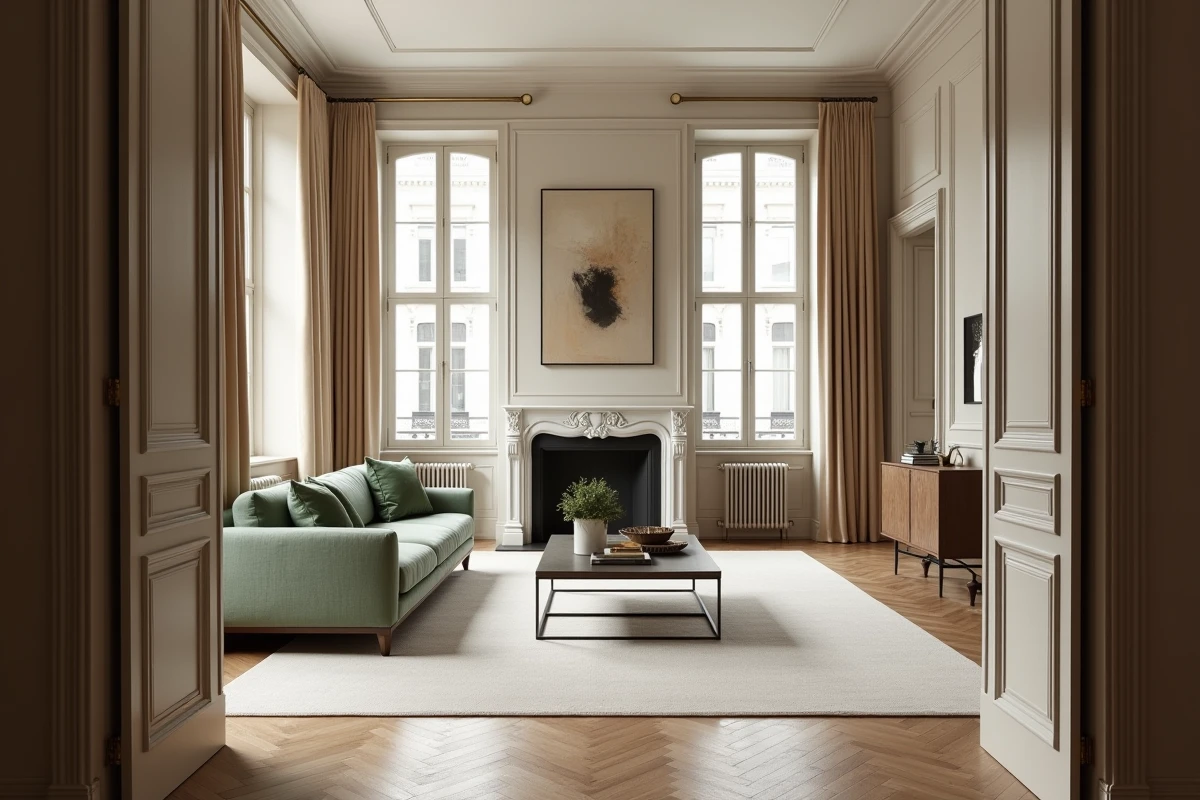 Salon haussmannien entièrement décoré avec canapé en bouclé vert sauge, cheminée en marbre et rideaux en lin ivoire