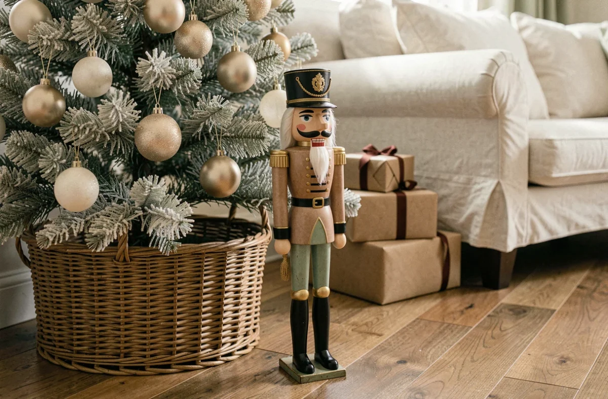 Coin de salon décoré pour Noël avec un grand casse-noisette vintage au pied d'un sapin blanchi aux ornements champagne, style déco élégant et épuré