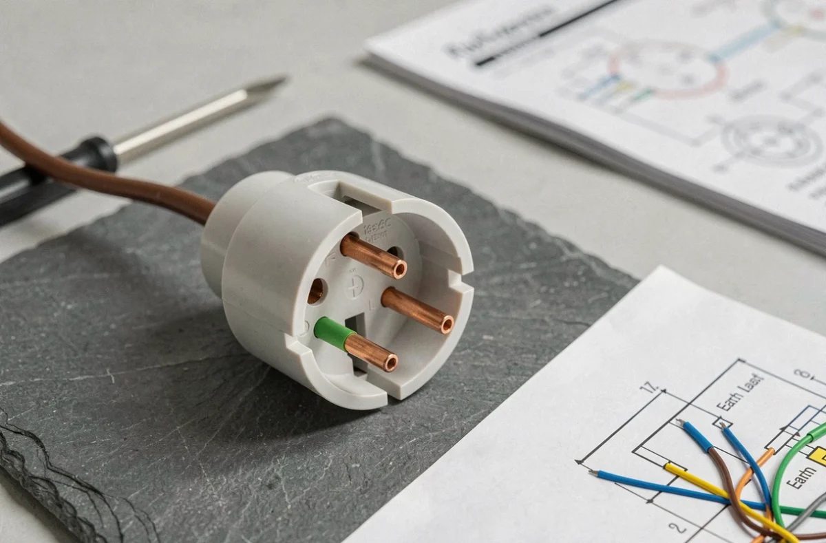 Gros plan sur le branchement intérieur d'une prise mâle électrique avec les fils phase neutre et terre bien identifiés