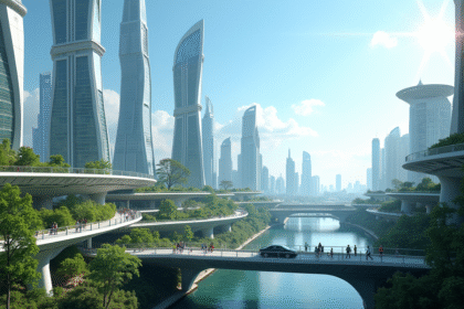 Vue d'une ville futuriste en 2050 avec gratte-ciel verts et véhicules autonomes