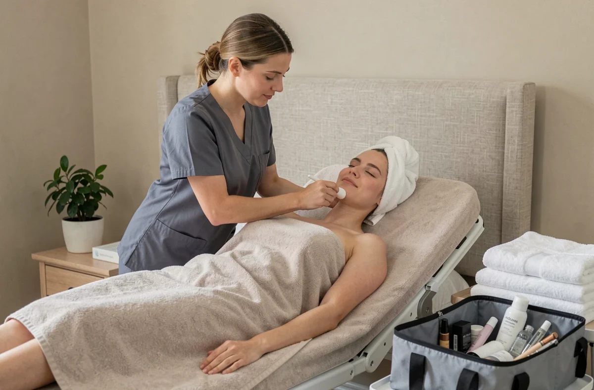Esthéticienne réalisant un soin du visage à domicile dans une chambre, beauté et bien-être à domicile avec Wecassa