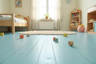 Chambre d'enfant avec sol en rouleau PVC bleu pastel mat, jouets en bois et mobilier adapté aux enfants