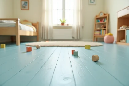 Chambre d'enfant avec sol en rouleau PVC bleu pastel mat, jouets en bois et mobilier adapté aux enfants