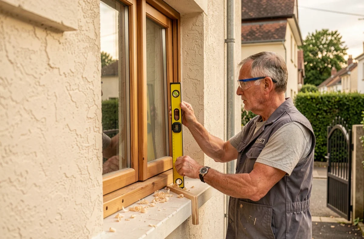 Menuisier posant une fenêtre en bois sur la façade d'une maison individuelle à Stains