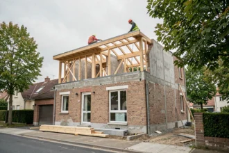 Surélévation d'une maison individuelle avec charpente en bois pour toiture plate en cours de construction