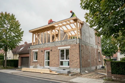 Surélévation d'une maison individuelle avec charpente en bois pour toiture plate en cours de construction