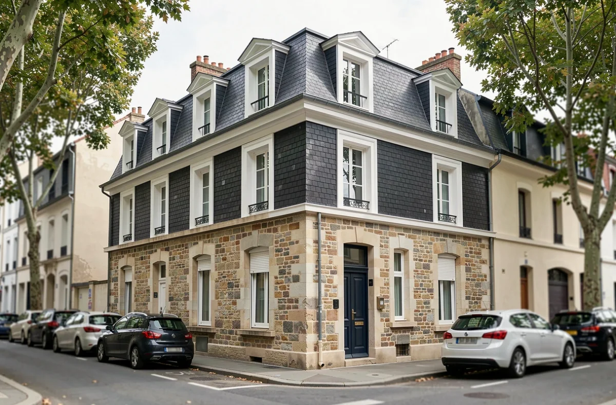Maison avec surélévation mansardée en ardoise intégrée à une façade en pierre ancienne