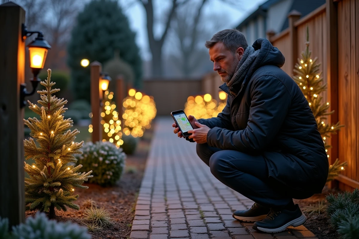 Homme configurant un système d'illumination de Noël extérieur connecté dans son jardin avec une application de domotique