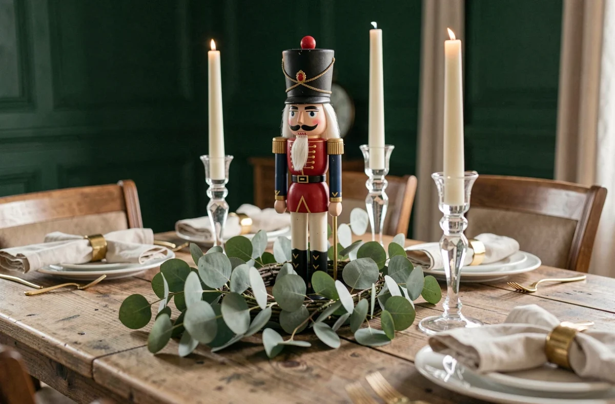 Table de Noël décorée avec élégance autour d'un casse-noisette soldat en bois, avec guirlande d'eucalyptus et bougies ivoire sur une table en chêne