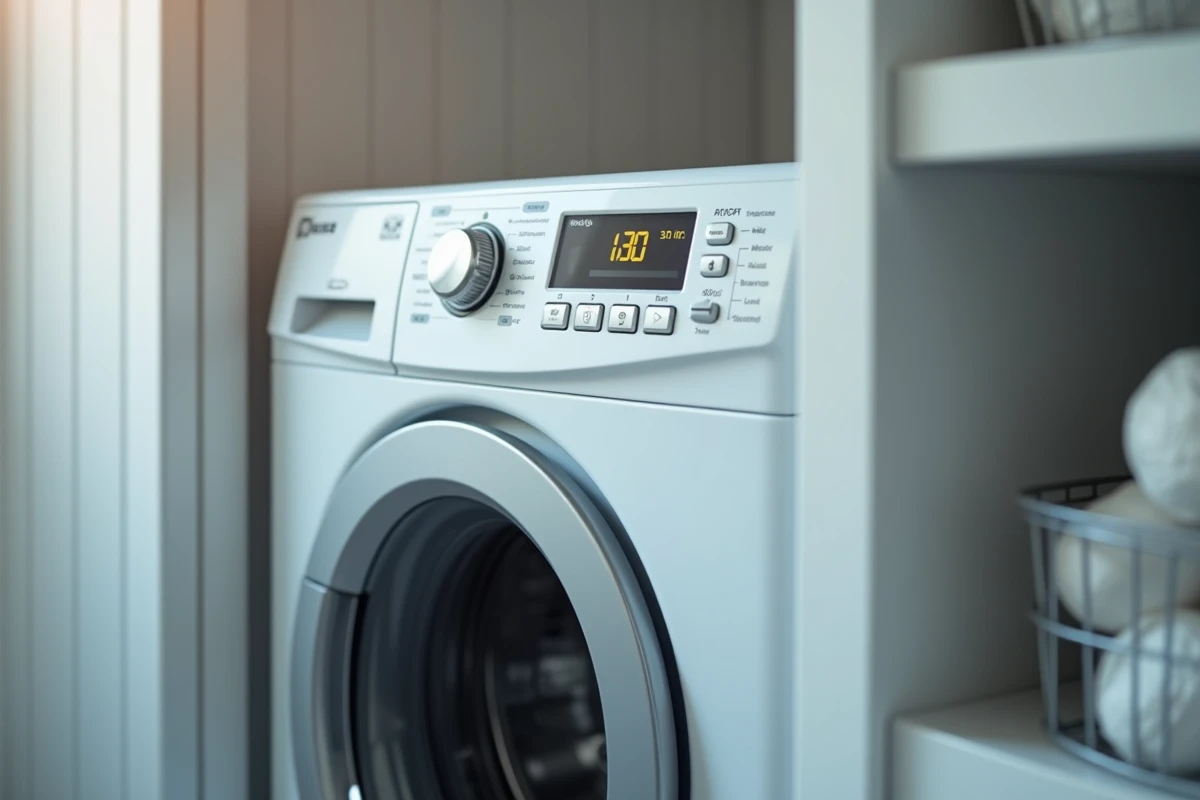 Gros plan sur le tableau de commande d'un lave-linge Valberg avec cycle court sélectionné