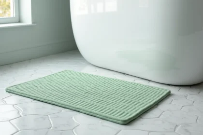 Tapis de salle de bains antidérapant vert sauge avec ventouses sur carrelage gris hexagonal devant une baignoire blanche