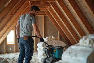 Technicien en isolation cellulose dans un grenier rénové
