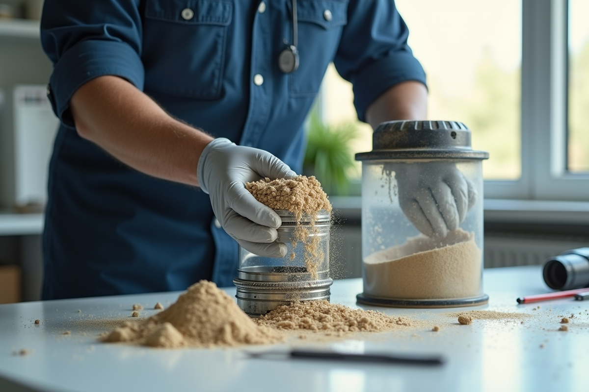 Technicien inspectant un filtre à sable déposé sur une table