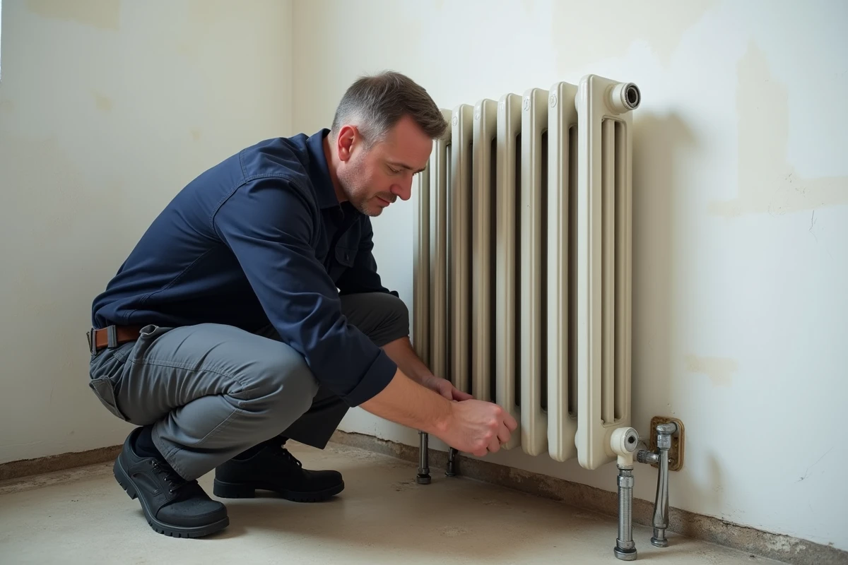Technicien réglant le pied ajustable d'un radiateur en fonte sur un sol en béton irrégulier lors de travaux de rénovation