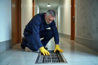 Agent d'entretien en action dans un couloir moderne