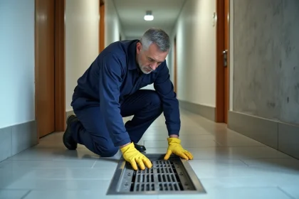 Agent d'entretien en action dans un couloir moderne