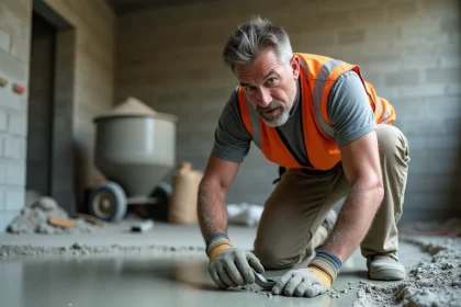 Ouvrier vérifiant l'épaisseur d'une chape fraîchement coulée avec une jauge de profondeur sur un chantier intérieur