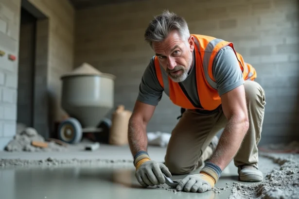 Ouvrier vérifiant l'épaisseur d'une chape fraîchement coulée avec une jauge de profondeur sur un chantier intérieur