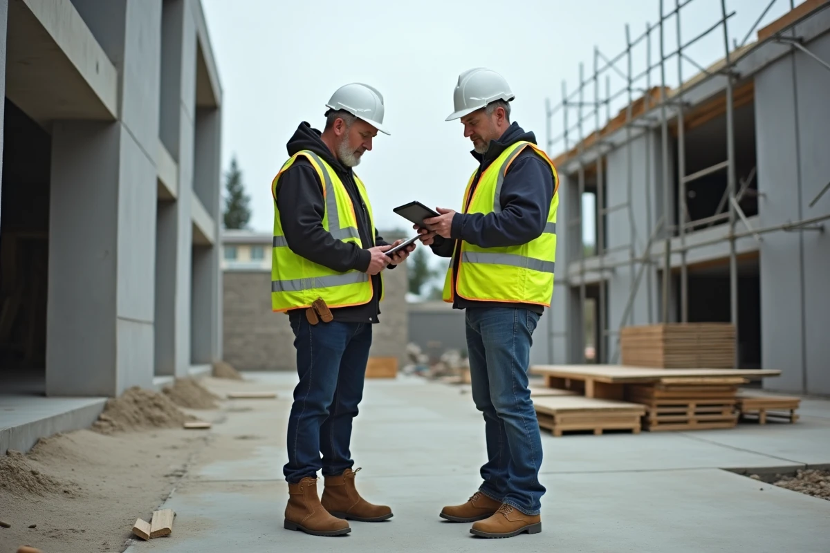 Deux professionnels du bâtiment vérifiant le matériel et les prix sur un chantier de rénovation