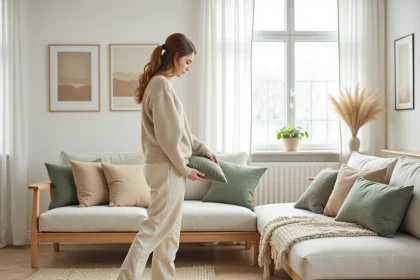Jeune femme scandinave arrangeant des coussins dans un salon lumineux
